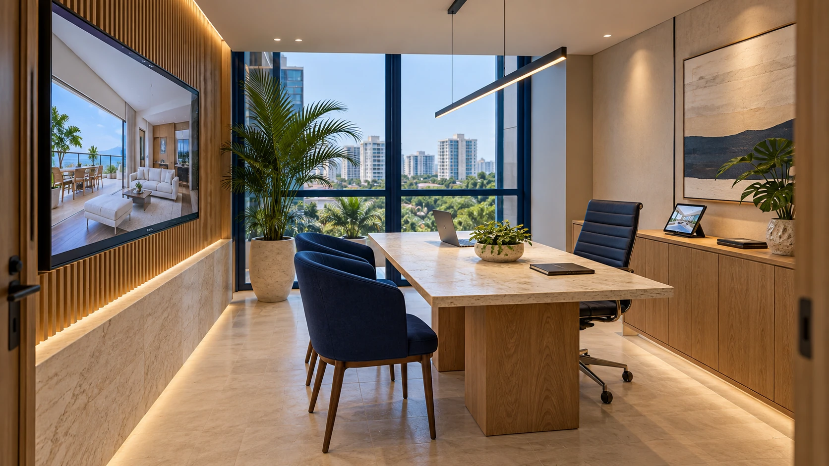 Sala de vendas com mesa de atendimento e vista para a cidade.